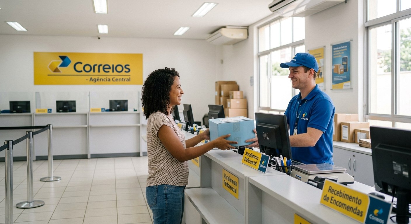 Pessoa entregando o pacote no balcão vazio dos Correios, sem fila